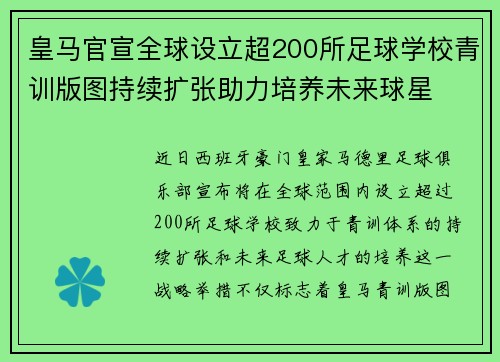 皇马官宣全球设立超200所足球学校青训版图持续扩张助力培养未来球星 ⚽🌍 皇马官宣全球设立超200所足球学校青训版图持续扩张助力培养未来球星 ⚽🌍