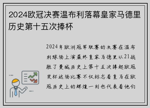 2024欧冠决赛温布利落幕皇家马德里历史第十五次捧杯